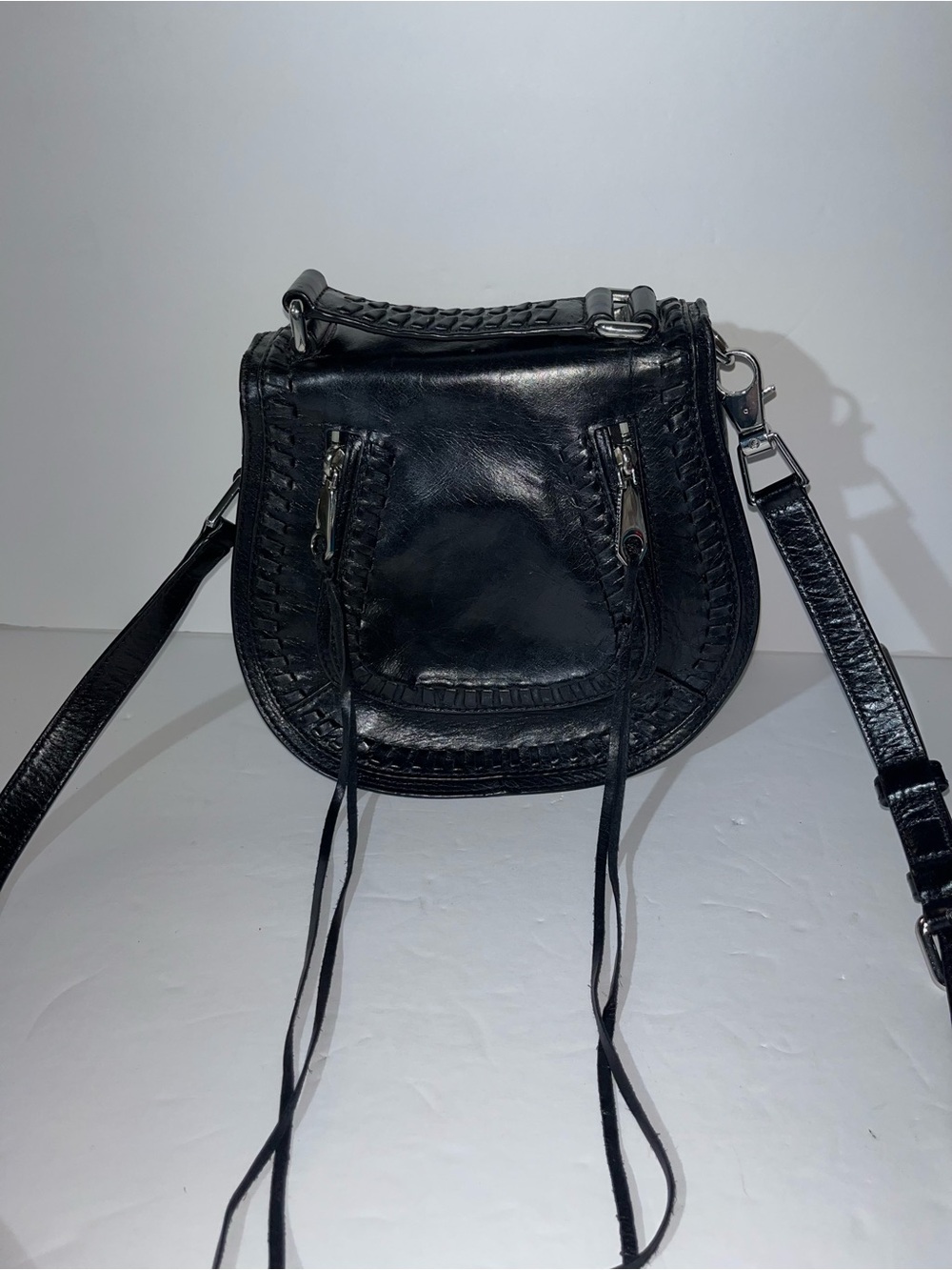 😍 Rebecca Minkoff Black Braided Leather Crossbody Saddle Bag Removable Strap